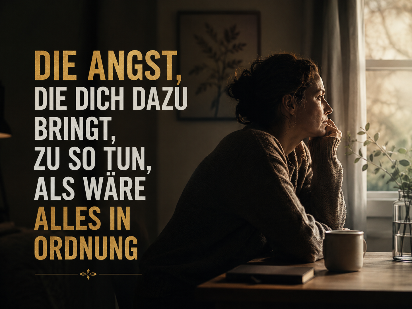 Eine Frau sitzt am Küchentisch und ist tief in Gedanken versunken.